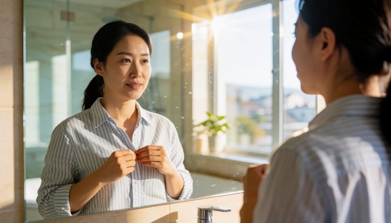 손이 떨려 옷 단추를 잠그지 못하고 이마에 식은땀이 맺힌 여성의 모습
