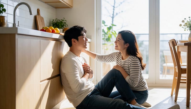 주방 바닥에 주저앉아 가슴을 움켜쥐고 불안해하는 남성