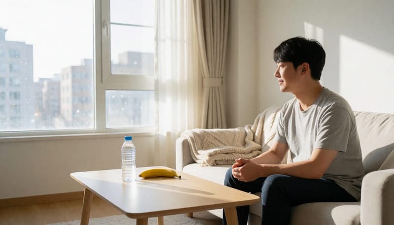 물과 바나나, 담요가 놓인 조용한 회복 공간의 거실 풍경