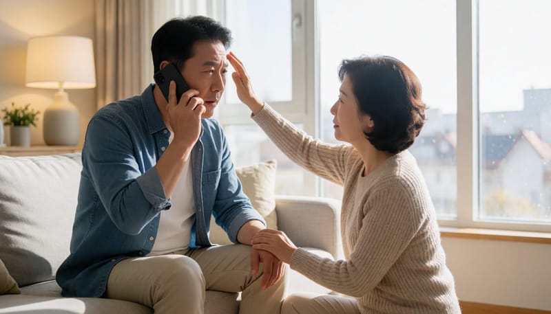 가족이 이마를 짚어보며 상태를 살피고 남성은 휴대폰을 든 채 걱정스러운 표정을 짓는 장면