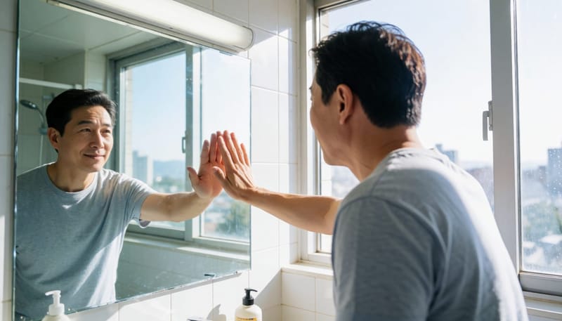 욕실 거울 앞에서 손을 뻗어 떨림을 확인하는 남성
