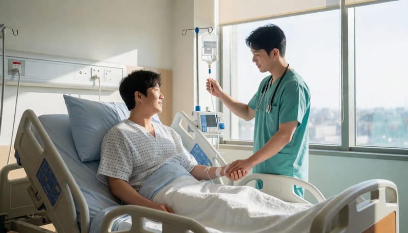 입원 병실에서 수액을 맞으며 간호사의 점검을 받는 환자