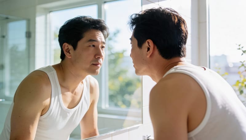 아침 욕실 거울 앞에서 자신의 눈 흰자를 살펴보는 남성