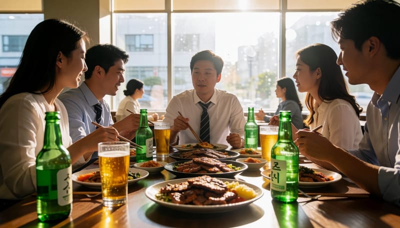 회식 자리에서 술병이 늘어선 테이블과 배를 만지는 남성