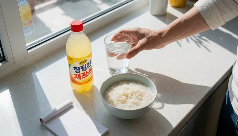 숙취 회복을 위한 물과 죽, 음료가 놓인 아침 식탁