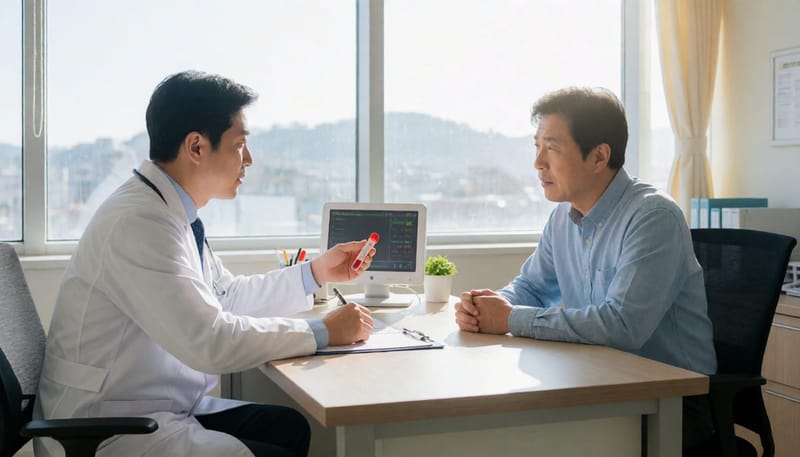 병원 진료실에서 의사가 혈액검사 결과를 설명하는 장면