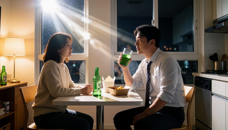 퇴근 후 혼자 식탁에서 술을 마시는 지친 표정의 남성