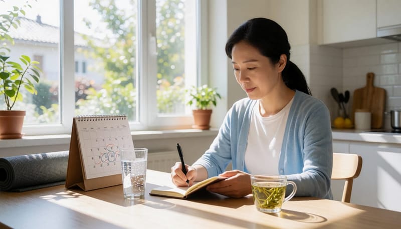 술을 줄이기 위해 일정을 기록하고 대체 음료를 마시는 여성