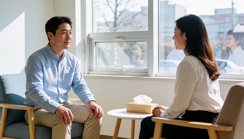 전문 상담사와 마주 앉아 상담을 받는 남성의 모습