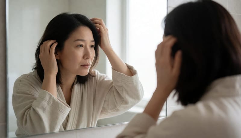 거울 앞에서 두피를 살피며 걱정스러운 표정을 짓는 여성