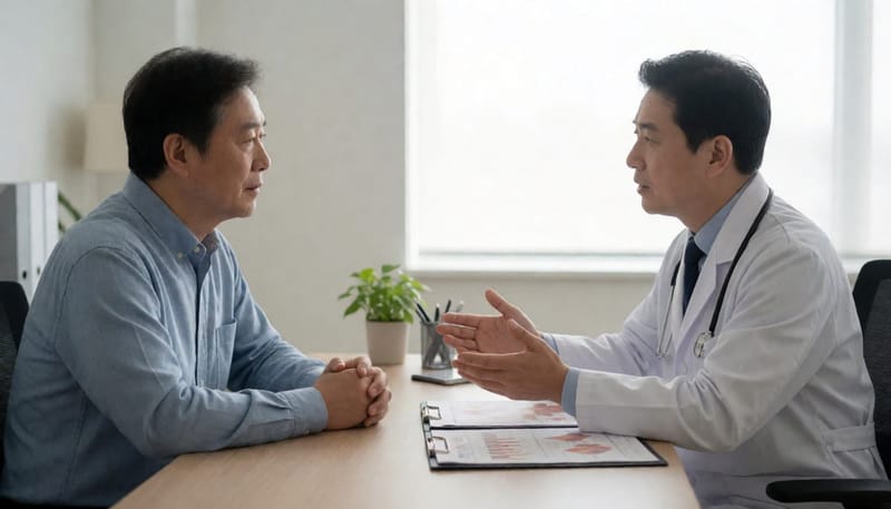 의사와 마주 앉아 진료 상담을 받는 중년 남성의 모습