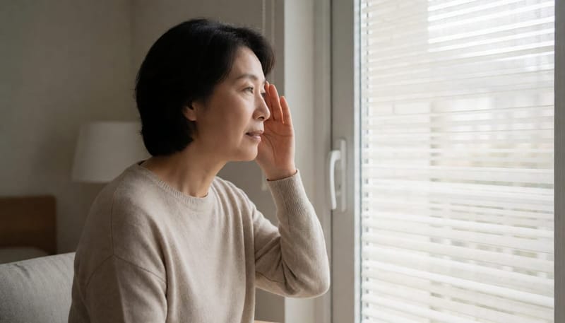 창틀의 직선을 한쪽 눈으로 확인하며 시야 왜곡을 살피는 여성