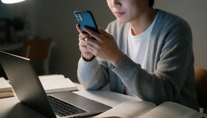 어두운 방에서 스마트폰 화면을 가까이 보며 눈을 찡그리는 청년
