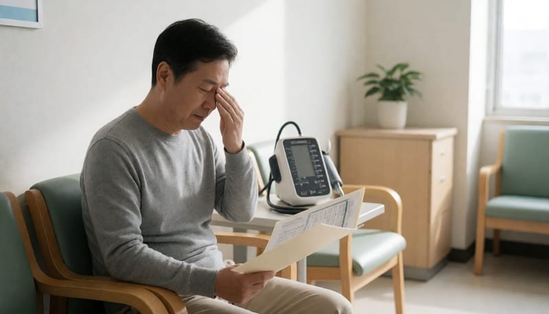 건강검진 대기실에서 눈을 비비며 피로감을 느끼는 중년 남성