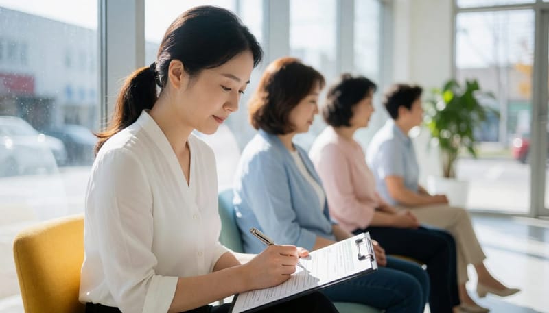 병원 접수처에서 문진표를 작성하는 30대 여성과 대기 중인 다른 환자들