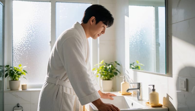 화장실에서 통증에 인상 쓰며 허리를 짚고 서 있는 남성