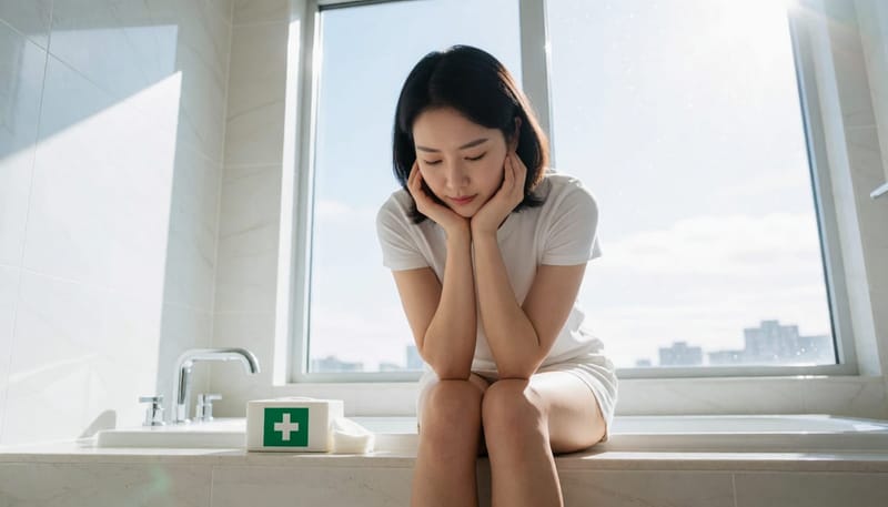 욕조에 걸터앉아 걱정스러운 표정으로 생각에 잠긴 여성과 옆의 구급상자