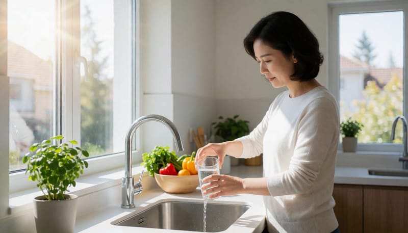 주방에서 물을 따르며 건강한 아침 루틴을 챙기는 여성