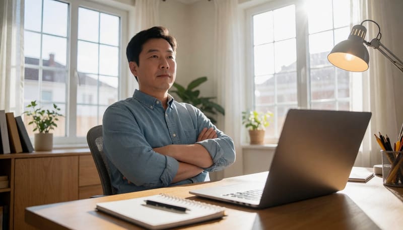 책상에 앉아 팔짱을 끼고 의심스러운 표정을 짓는 남성