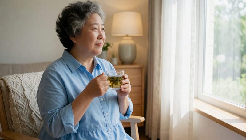 거실 창가에서 차를 마시며 자신의 건강 이력을 돌아보는 50대 여성