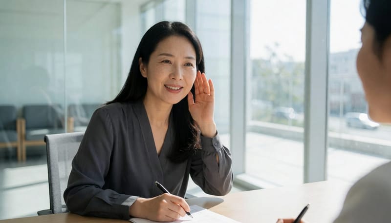 회의 중 대화를 놓쳐 되묻는 일이 잦아졌다면 청각장애진단을 고려해볼 수 있습니다.