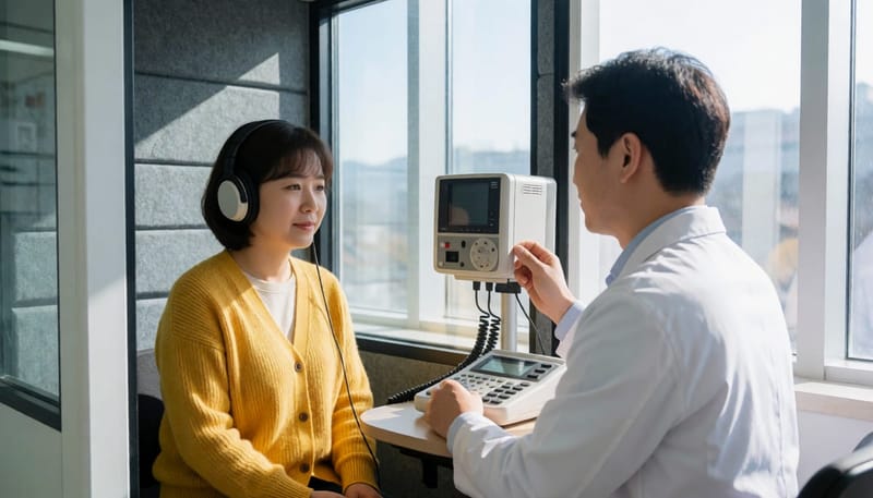 순음청력검사는 방음부스에서 주파수별 음을 들려주며 최소 가청역치를 측정합니다.