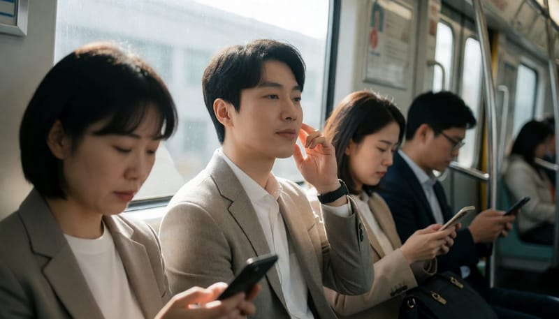 지하철 안에서 한쪽 귀를 손으로 만지며 먹먹함을 느끼는 남성 승객