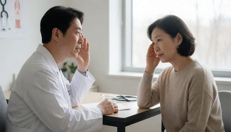 의사와 환자가 진료실에서 이명 증상에 대해 상담하는 모습