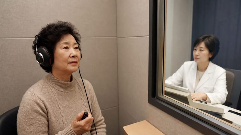 순음청력검사는 방음부스에서 헤드폰을 착용하고 주파수별 청력을 측정합니다.