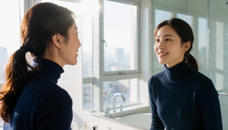 노래방에서 목을 많이 쓴 다음 날, 거울로 목 안을 확인해보는 모습입니다.