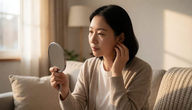 여성이 집에서 부드러운 솜으로 귀 바깥쪽을 조심스럽게 닦는 모습