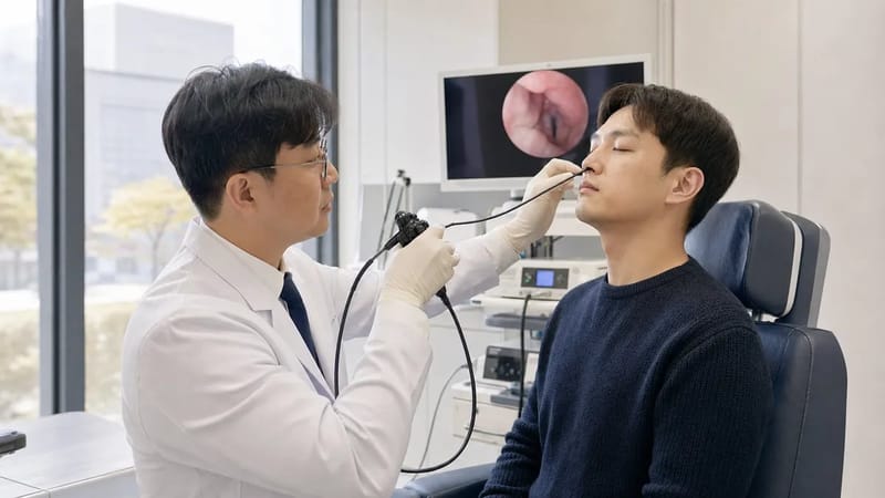 후두내시경으로 인두와 후두 점막 상태를 직접 확인하는 장면입니다.
