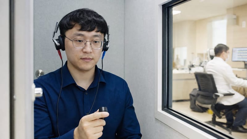 순음청력검사는 방음 부스 안에서 여러 주파수의 소리에 반응하는 방식으로 진행됩니다.