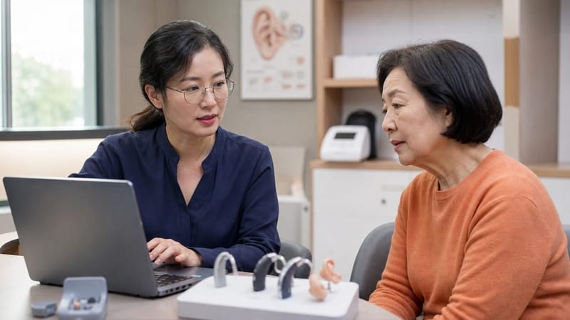 보청기 설정을 조정하는 청력 상담 장면