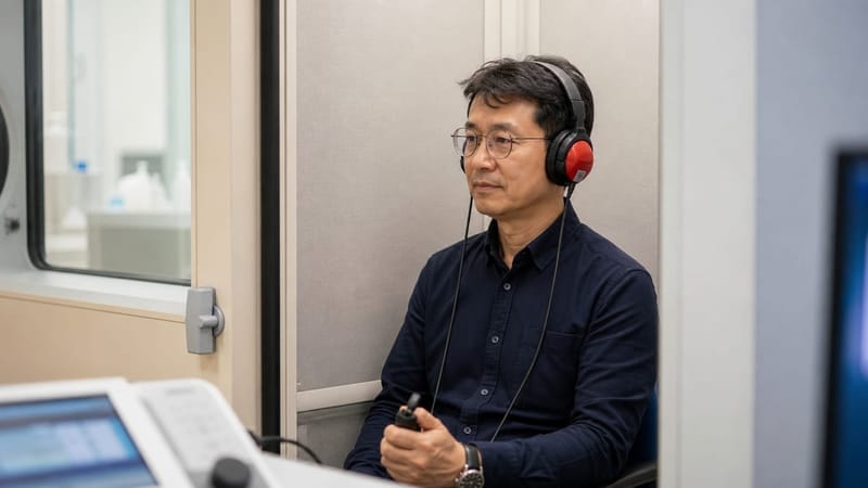 순음청력검사는 헤드폰을 쓰고 여러 주파수의 소리에 반응하는 방식으로 진행됩니다.