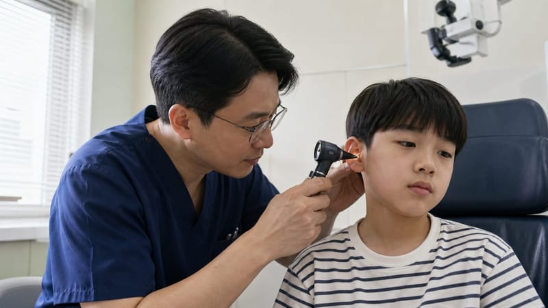 삼출성중이염은 통증이 없어도 소아의 청력에 영향을 줄 수 있어 고막 상태 확인이 필요합니다.
