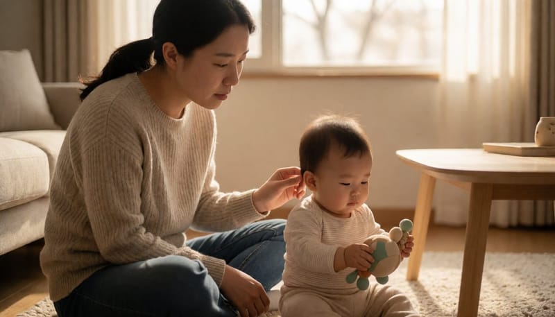 거실에서 아기의 귀 상태를 살펴보는 젊은 어머니의 모습