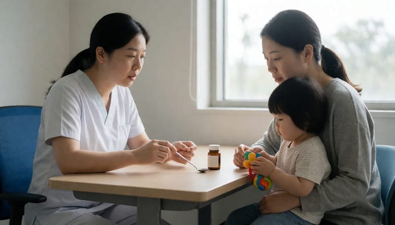 약 복용에 대해 설명 듣는 어머니와 아이의 진료실 상담 장면