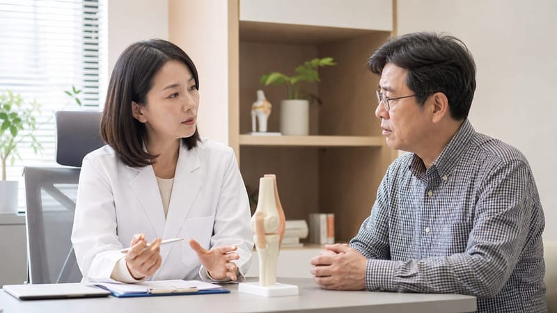 수액 투여 중 이상 증상에 대해 의료진과 상담하는 모습
