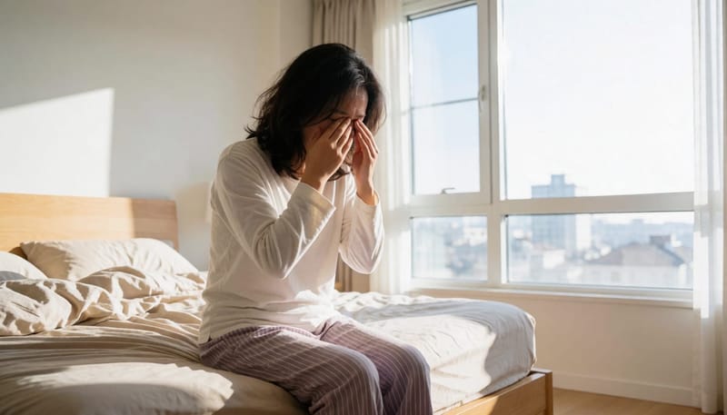 아침에 침대에 앉아 눈을 비비며 피로한 표정을 짓는 여성