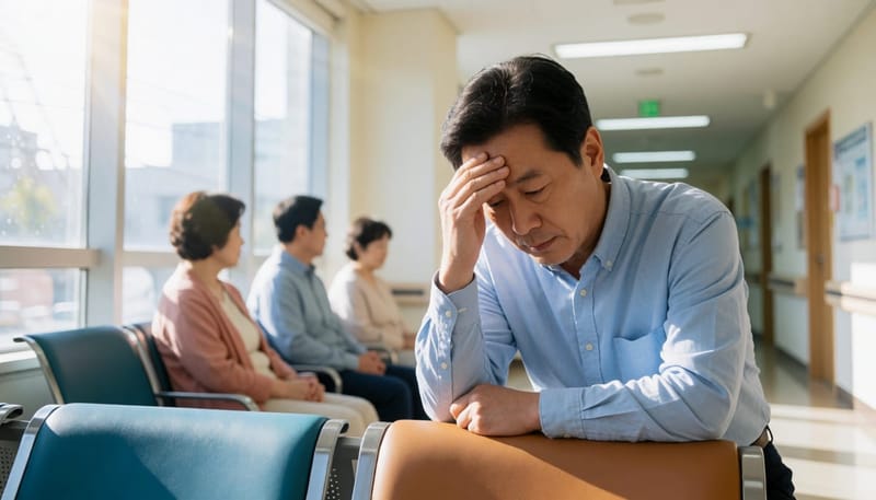 병원 대기실에서 머리를 짚고 힘들어하는 남성