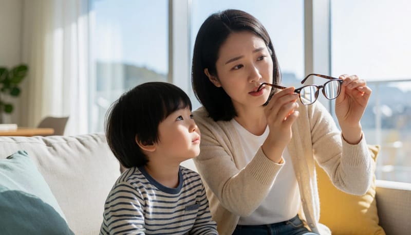 엄마가 아이의 안경 양쪽 렌즈를 빛에 비춰 살펴보는 모습