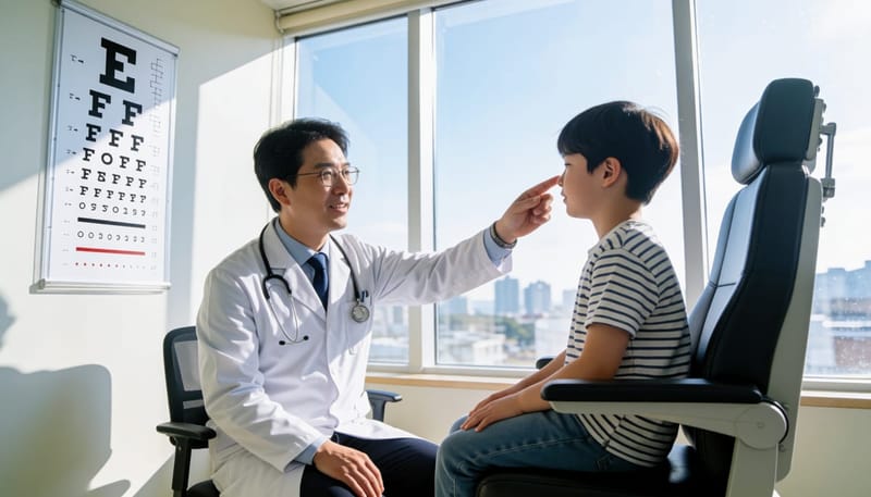 안과 의사가 한쪽 눈을 가린 아이에게 시력 검사를 진행하는 모습