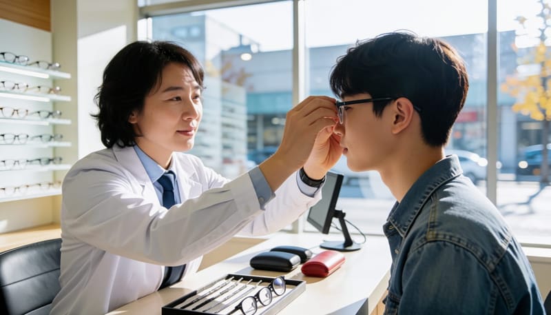 안경사가 청소년 환자의 안경을 세심하게 조정해주는 모습