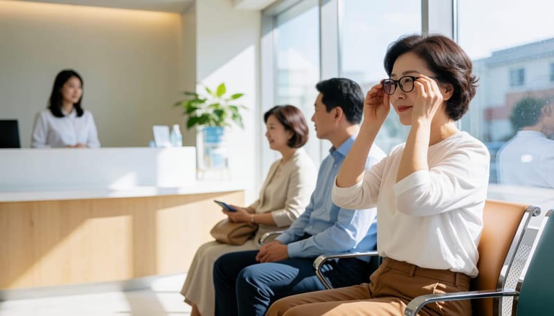 새 안경을 착용한 중년 여성이 진료실 앞에서 시야를 확인하는 모습