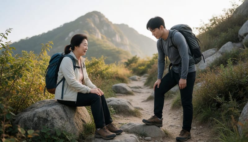 산길에서 발목을 접질린 중년 여성과 옆에서 멀쩡히 서 있는 젊은 남성이 대비되는 모습