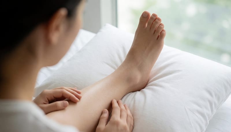 발목에서 정강이와 발가락 쪽으로 멍이 번지는 모습을 위에서 내려다본 사진