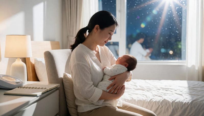 밤에 아기를 안고 지쳐있는 엄마와 저체중이 걱정되는 신생아