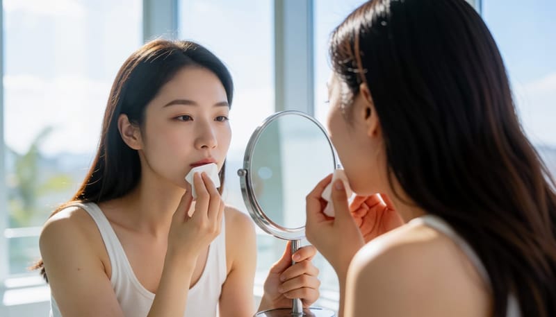 욕실에서 손거울로 충혈된 눈을 살펴보는 여성