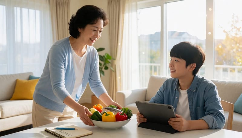 가족이 식탁에서 건강한 식사와 생활습관 체크리스트를 챙기는 모습